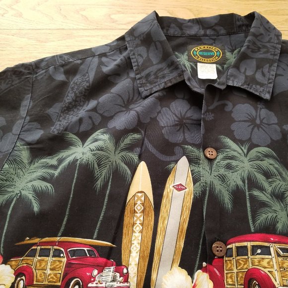 Hawaiian Reserve Collection Mens Black Woody Surf Floral Large L Shirt EUC - Picture 1 of 7